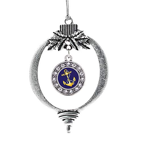 Inspired Silver - Navy Anchor - Silver Christmas Ornament - Circle Charm Christmas Tree Ornament with Cubic Zirconia - Holiday Hanging Decoration