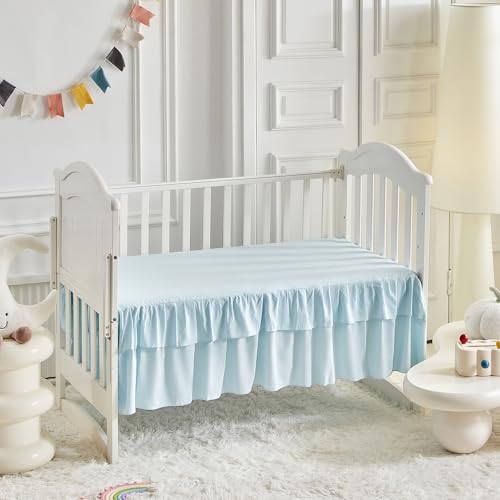 Image of Ruffled Crib Bedding Set Baby Boho Quilted Comforter with Fitted Sheet and Bed Skirt - Cute Soft Breathable Seersucker Ruffled Shabby Chic Bedding Soft Blanket Design - Blue