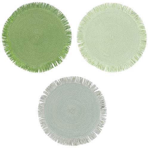 Juego de 3 manteles Individuales Redondos con Flecos, Greenery