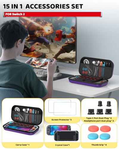 Image of Switch 2 Accessories Bundle for Nintendo Switch 2 2025(All in One Case Kit) | Portable Hard Shell Slim Case with Crystals Protective Cover kit, 2 HD Screen Protectors (7.9 Inch),Dust Plugs, 4 Thumb Grips