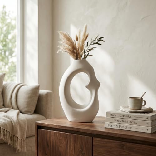 Image of Abstract Ceramic Flower Vase for Home Decor Modern Hollow Decorative Vase Matte White Nordic Table Vase for Pampas Grass, Dried Flowers & Artificial Flowers Living Room, Bedroom & Office