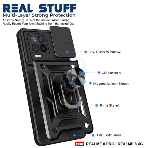 Image of AESTMO Tough Armor Realme 8 Pro / 8 4G Bumper Back Case Cover | Ring Holder & Sliding Camera Shield Cover | 360 Degree Protection Back Case Cover for Realme 8 Pro / 8 4G (Black)