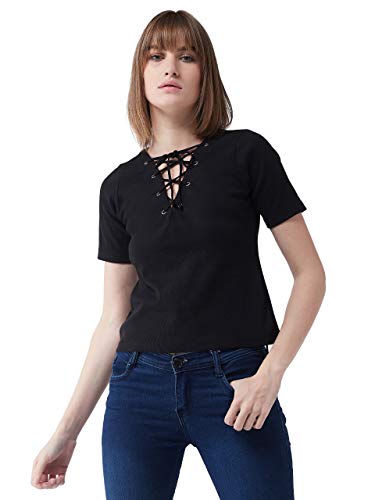 Image of Miss Chase Women's Cotton Slim Fit V Neck Criss-Cross Tie Up Top