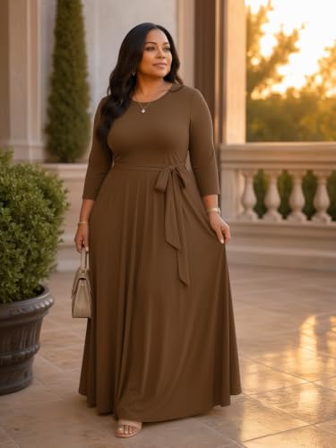 Image of Plus Size Maxi Dress for Women V Neck 3 /4 Sleeve Wrap Dress