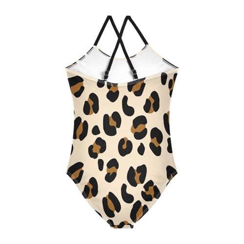 Leopard Print Light Beige Girls' One Piece Halter Swimsuit, Summer Beach Apparel, 3-102