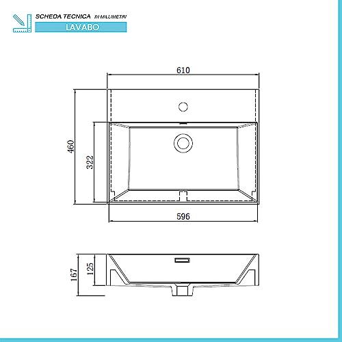 Lavabo Bagno Sospeso 60 Cm In Resina Bianco Lucido, Installazione Sospesa O D’Appoggio, Antigraffio E Anti-Ingiallimento - 3