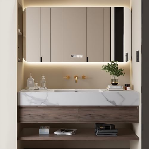 ZGNBSD Floating Bathroom Vanity with Sink - Modern Bathroom Vanity | Includes Smart Defogging Medicine Cabinet | Multi-Layer Solid Wood | Wall Mount (Brown, 44 in)