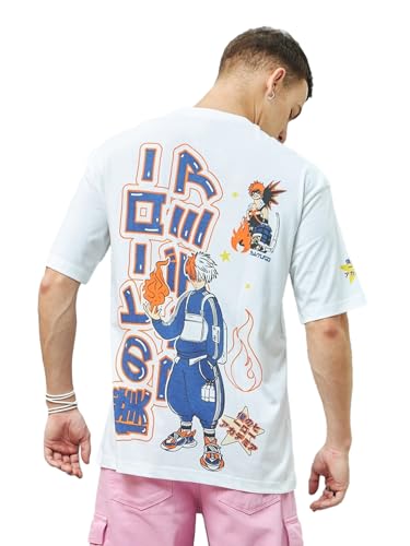 Image of Bewakoof Men's AOP Oversized Half Sleeve Round Neck Cotton Jersey T-Shirt 616651 White M