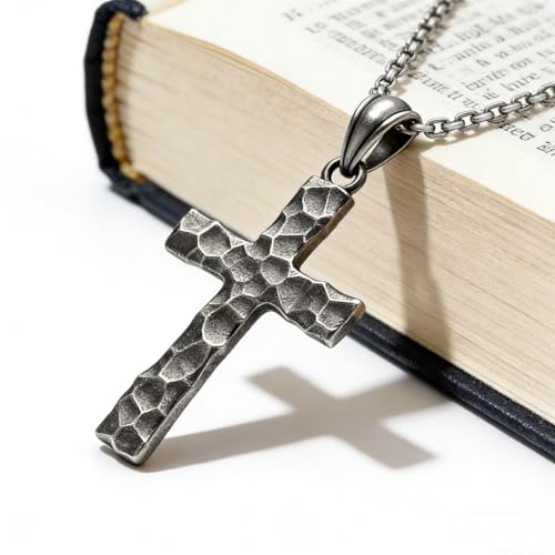 Image of 925 Sterling Silver Cross Necklace Men - Hammered Oxidized Cross Pendant Religious Vintage Unique Crucifix Jewelry Gifts for Him Christian Christmas Birthday