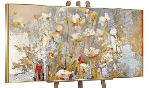 YS-Art Cuadro enmarcado hecho a mano El aroma de la primavera Pintado en acrílico Flores blancas margaritas Decoración de pared modern 100x50 cm