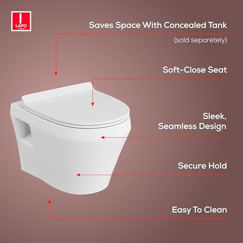 Image of LAPO P Trap Wall Hung Toilete, Ceramic Rimless Commode Toilet, Wall Hung Western Toilet With Soft Closing Toilete Seat (White, 20X15X14 Inch)-SPL