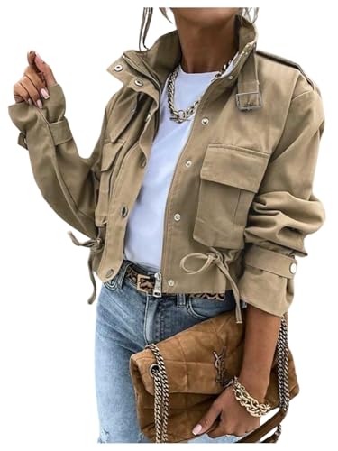 WDIRARA Women's Zip Up Trench Coat Long Sleeve Cropped Jacket Drawstring Outerwear with Pockets Khaki Small