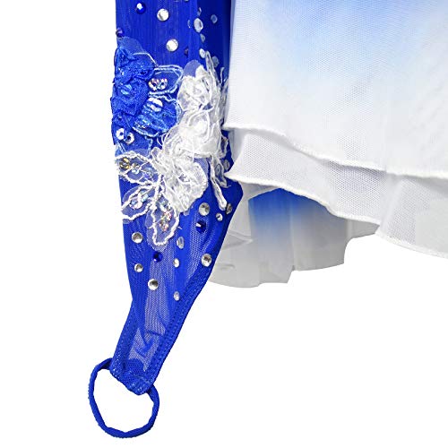 Vestido azul de patinação, saia de manga comprida para patinação no gelo, mangas de ponta dos dedos,