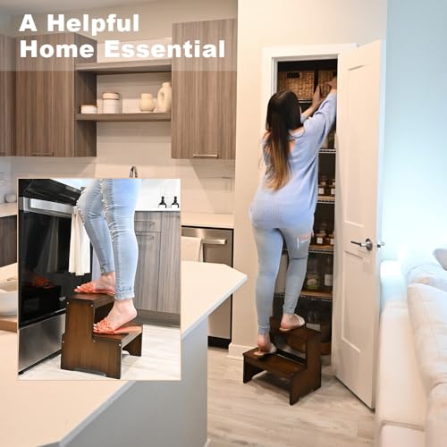 image for StrongTek Bamboo Two Step Stool for Adults and Kids, Bed Stepstool wit