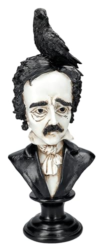 Edgar Allan Poe - Busto Con Cuervo 40 Cm, Piedra Artificial, Pintado A Mano , Color Blanco Y Negro
