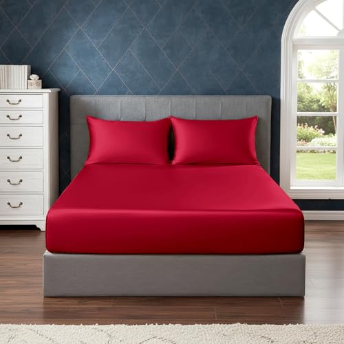 Image of Soft and Silk Satin Fitted Bedsheet for King Size 72X78 +12 in - Elastic Fitted Sheet 400 TC Hotel Collection for Bedroom | Fitted Sheet with Pillow Cover - Burgundy, King Size