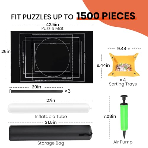 Image of PATPAT Felt Puzzle Floor Mat Puzzle Storage Mat for 1500 Count Jigsaw Pieces,with 4 Pieces Organizer Tray,Air Pillar Air Pump Fastener Strap Storage Bag