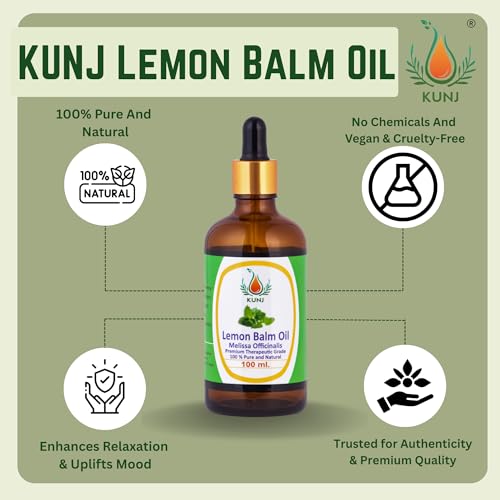 Image of KUNJ Lemon Balm Essential Oil 100ml - Pure Melissa officinalis Oil for Stress Relief, Relaxation, Calm Mood, Sleep Support, Aromatherapy, Diffuser & Skin Care | 100% Natural