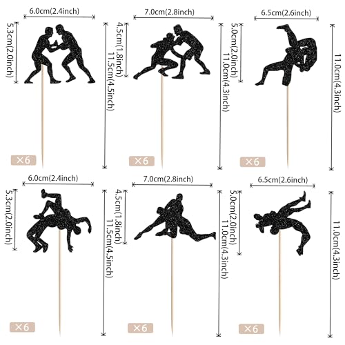 24 PCS Wrestling Cupcake Toppers Glitter Wrestler Cupcake Picks Wrestling Birthday Party Decorations for Sport Theme Boys Men Birthday Party Cake Decorations Supplies Black