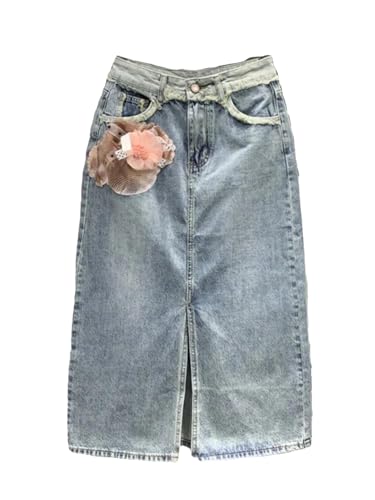 Hndudnff Falda de mezclilla vintage con bolsillo para mujer, cintura alta, con abertura, flores, faldas largas, azul, 40