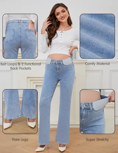 Image of PACBREEZE Women's Maternity Flare Jeans Mid-Rise Stretchy Bell Bootcut Jeans Denim Pregnancy Pants, S-XXL