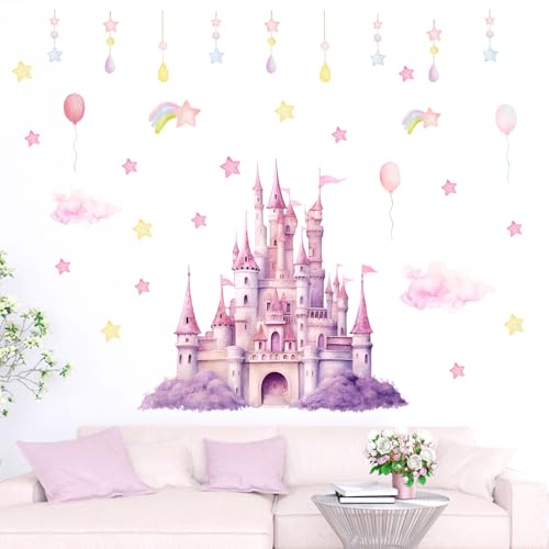 SAVITA 2 Feuilles de Stickers Muraux Princesse, Rose Violet pour Chambre de Fille à Décoller et à Coller Décoration Murale Château Étoiles et Nuages Papier Peint...