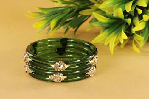 Image of NMII Diamond Glass Bangles Crystal Kada Set For Women & Girls Adorned with Golden Zircon Stones | Trending Girls Bangles Bracelet | Transparent Chudi Kangan For Wedding, Party, Daily, Ethnic- Set of 2