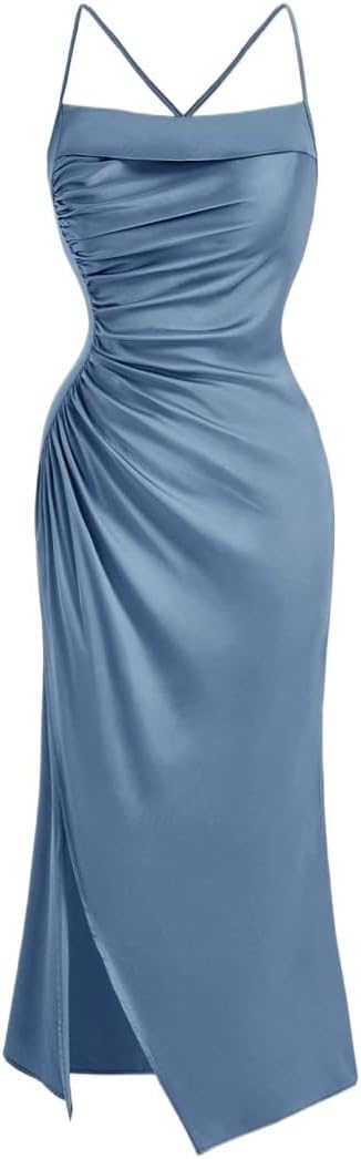 Women's 2024 Summer Cami Slip Midi Long Dress Crisscross Backless Slit Thigh Ruched Cami Dress