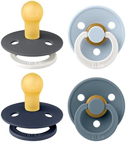 BIBS Colour Soother 4-Pack, BPA Free Dummy Pacifier, Round Nipple. Natural Rubber Latex, Made in Denmark. 0-6 Months (Pack of 4), Baby Blush Colours