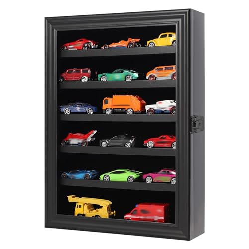 Image of Toy Cars Display Case 1 /64 Scale Diecast Car Display Case Wall Mount Model Car Display Storage Cabinet Lockable with Real Glass & Removable Shelf Rack -Black