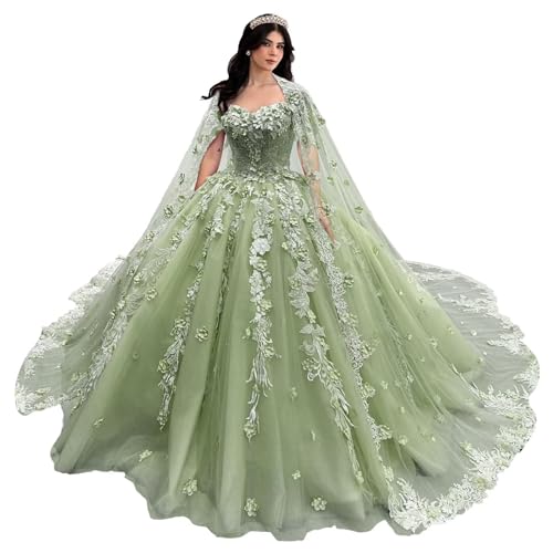 Mouccy Princess 3D Flowers Quinceanera Dresses with Cape Off Shoulder Lace Sweet 16 Dresses Tulle Puffy Vestidos De 15 Aos