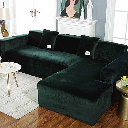 YUR L Shape Sofa Slipcover Soft Velvet Fabric,High Stretch Corner Couch Cover with Elastic Bottom,Waterproof Armrest Furniture Protector for Pets Kids, Green