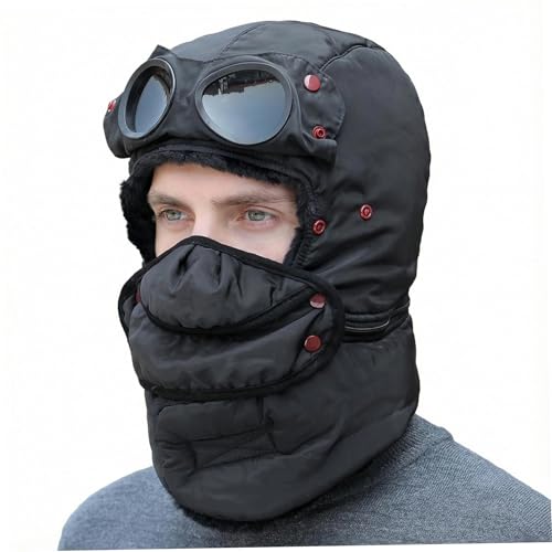 CAKEEYUM Ski Hat 4 in 1 Fleece Lined Thermal Hat with Winter Goggles & Removable Scarf & Mask Windproof Warm for Men Women Winter Hood, 3 in 1 Beanie, and Scarf, with Face Cover, Bike F