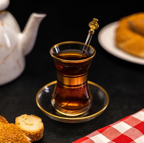 Gold Eleven Tea Cup and Saucer Set (Set of 6), Total 12 Pieces, Handmade Gold Turkish Tea Cup Set, Volume: 135cc (4.5 oz), Home Gift, Special Kitchen Gift