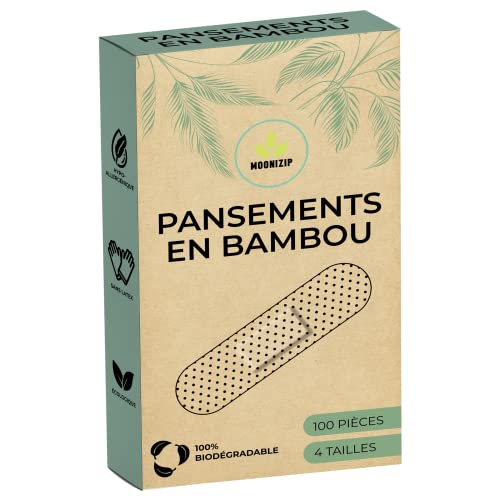 Pansements hypoallergéniques en Bambou 100% Biodégradables - 100 pièces - 4 tailles - Sans latex, sans plastique - Pour peaux sensibles ou normales - Pour enfants ou adultes Cover