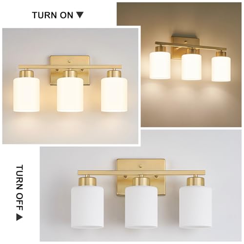 Image of FonmYim Gold Bathroom Light Fixtures, 3-Light Modern Vanity Light Over Mirror, Wall Sconces with Milky White Frosted Glass Shades, E26 Socket (Bulbs Not Included)