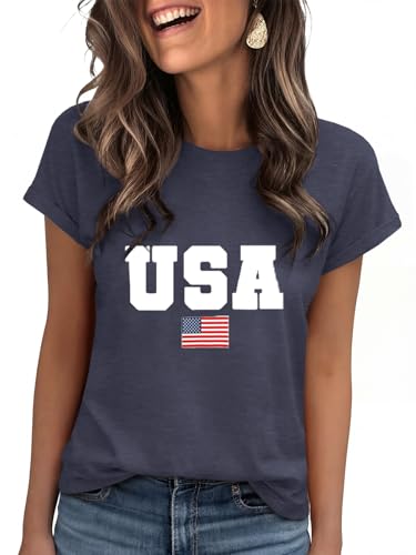 Humordream Womens USA Shirts Short Sleeve American Flag Crew Neck Letter Print Summer Tee Tops