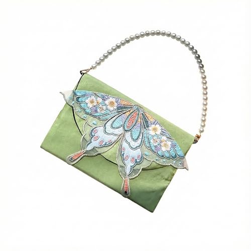 Funda de libro A5, bolso mano brillante con cuaderno forrado, conjunto diario bordado 3D, cadena perlas(Green)