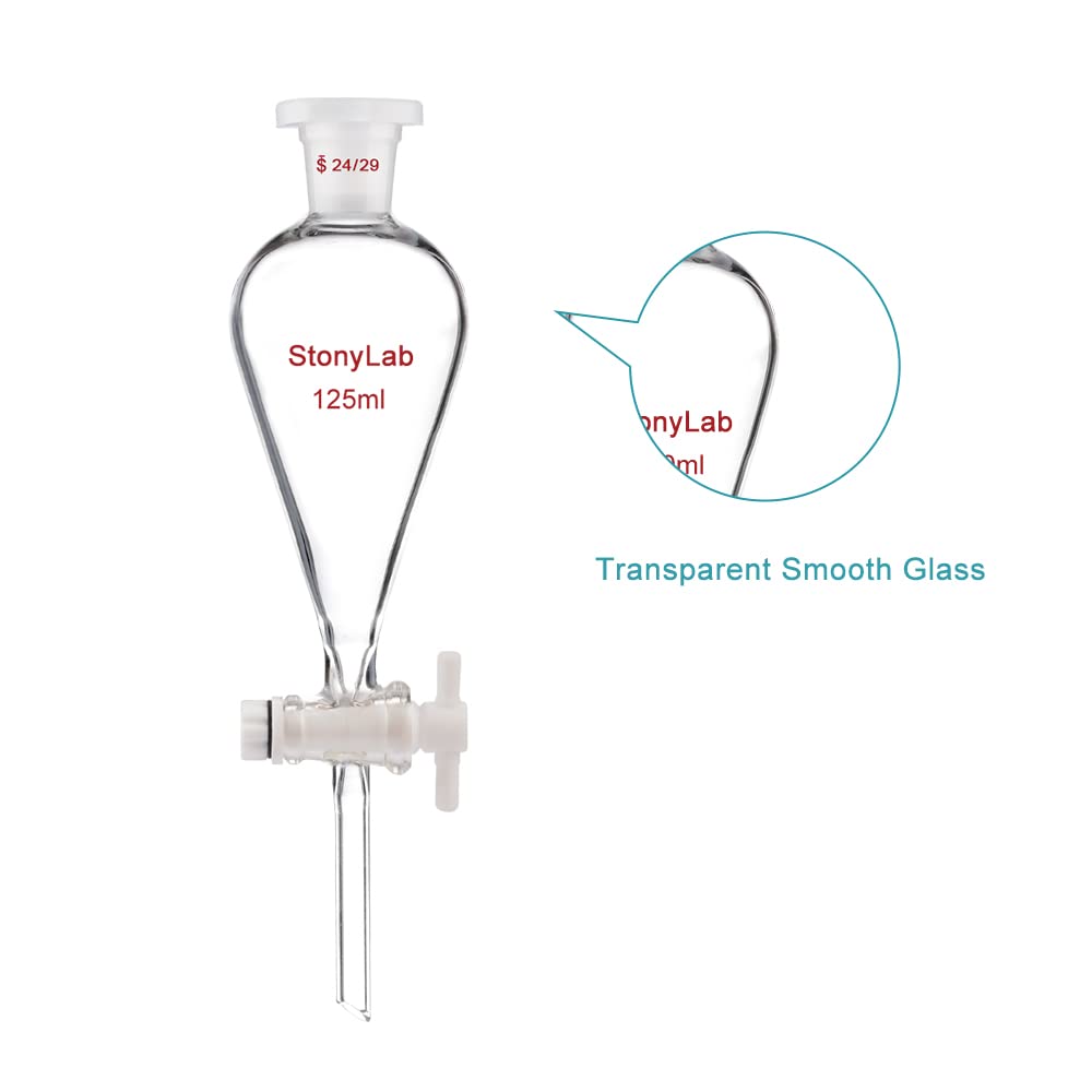 stonylab Borosilicate Glass 125 ml Heavy Wall Conical Separatory Funnel with 24/29 Joints and PTFE Stopcock, 125 ml