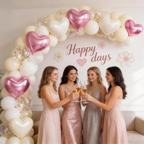 Image of Pink & Cream White Heart Balloons Party Decorations, Heart Shaped Foil and Latex Balloon Decorations Set for Girls Women Happy Birthday Party, Baby Shower, Valentines, Wedding, Engagement, Anniversary