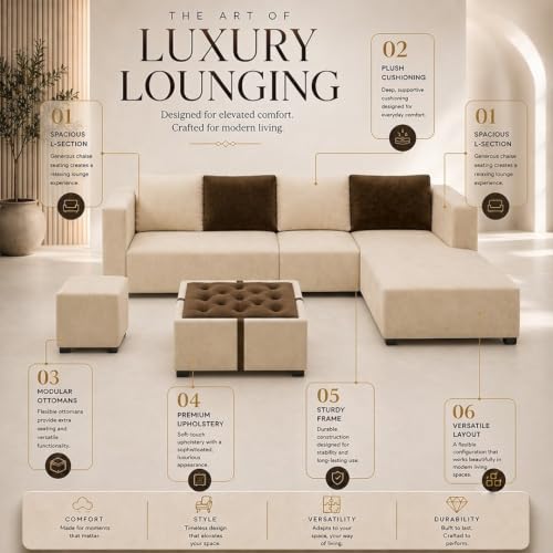 Image of FURNY Olympus 8 Seater RHS L Shape Sofa Set | Plush Velvet Suede Fabric | Modern Design | Soft Comfort Dual Color Cushions for Living Room, Office & Hotels (Cream-Dark Brown)