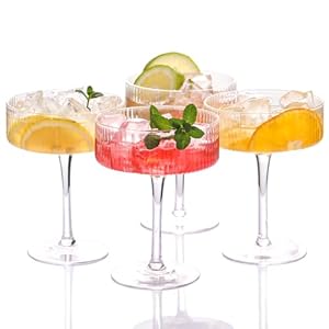 Martini Glasses set of 4, Cocktail Glasses Set, Ribbed Coupe Glasses, Vintage Margarita and Champagne Glasses, Dessert Cups, Vintage Style Drinking Glasses