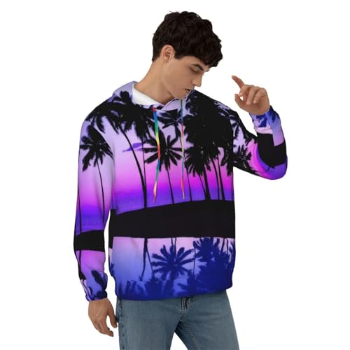 Mens Hoodie Pullover Casual Long Sleeve Drawstring Top Palm Tree Purple Sunset Print Hooded Sweatshirt With Pocket4
