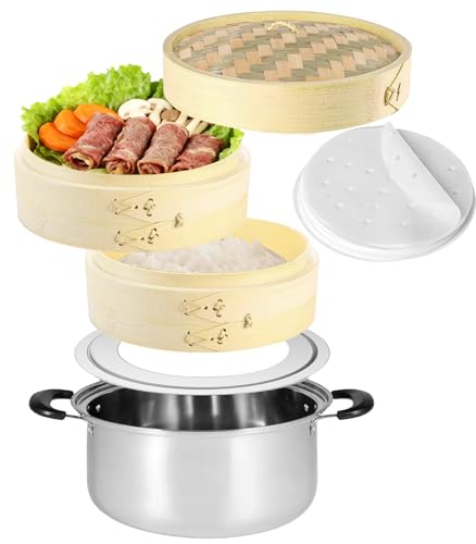 職人手作り 竹せいろ 直火・IH 蒸篭専用鍋つき 竹セイロ 蒸し器 竹蒸篭 天然竹 中華せいろ 業務用 蒸篭 2段 本体2個+蓋1個セット+ステンレス セイロ鍋セット+セイロ専用用紙 100枚付 (竹セイロ直径約24cm鍋付き)