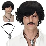 FATMAUI Short Black Curly Mens 70s 80s Wig Mustach with Bolo Tie Costume Wig