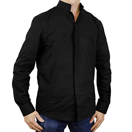 Sinologie Chemise col Mao Officier en Popeline de Coton Noir (M)