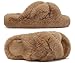 COFACE Women's Fluff Slippers Open Toe Fuzzy Faux Fur Ladies House Fashion Cross Band Platform Slide Shoes with Comfort Arch Support, Indoor Outdoor Sole,Khaki Size 8