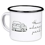Kaffepott-Größe 300ml Home is Where You Park IT - Hochwertiger Emaille Becher mit Campervan mit Hochdach Motiv, leicht und bruchsicher, für Camping, Vanlife - von MUGSY.de