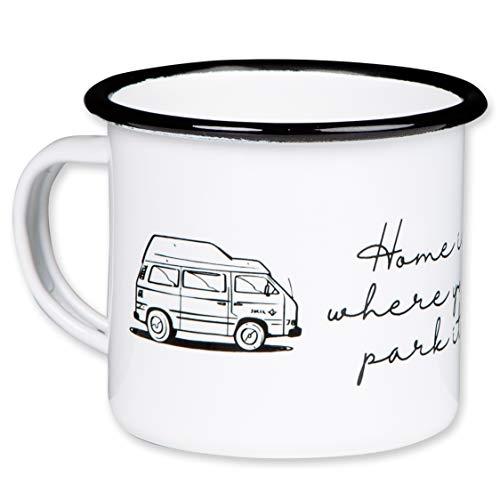 MUGSY.de - Taza esmaltada con diseño de furgoneta con tejado alto, ligera e irrompible, para camping, Vanlife Cover
