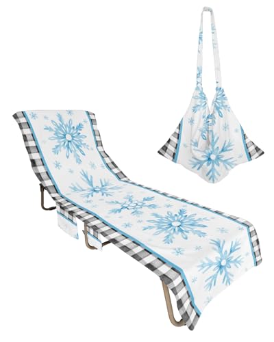 Blue Snowflake Beach Chair Towel Covers for Chaise Lounge with Side Pocket, Soft Plush Pool Towels Cover for Patio Sunbathing Outdoor 29''x85'' Christmas Country Farmhouse Plaid